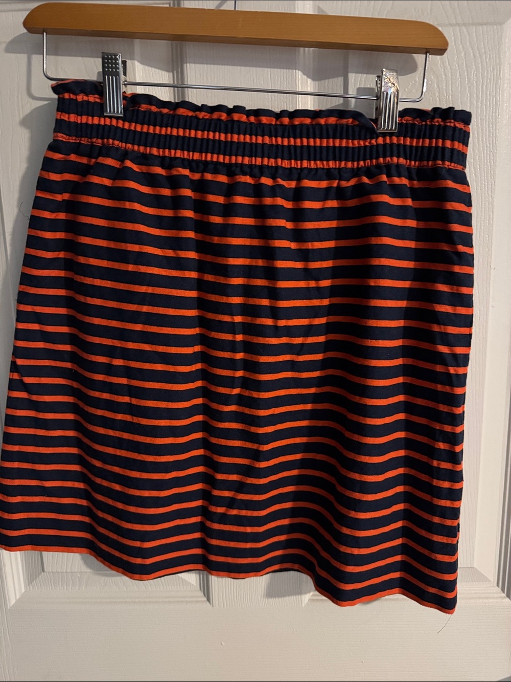 J Crew Navy and Orange Striped Elastic-Waist Skirt with pockets and lined